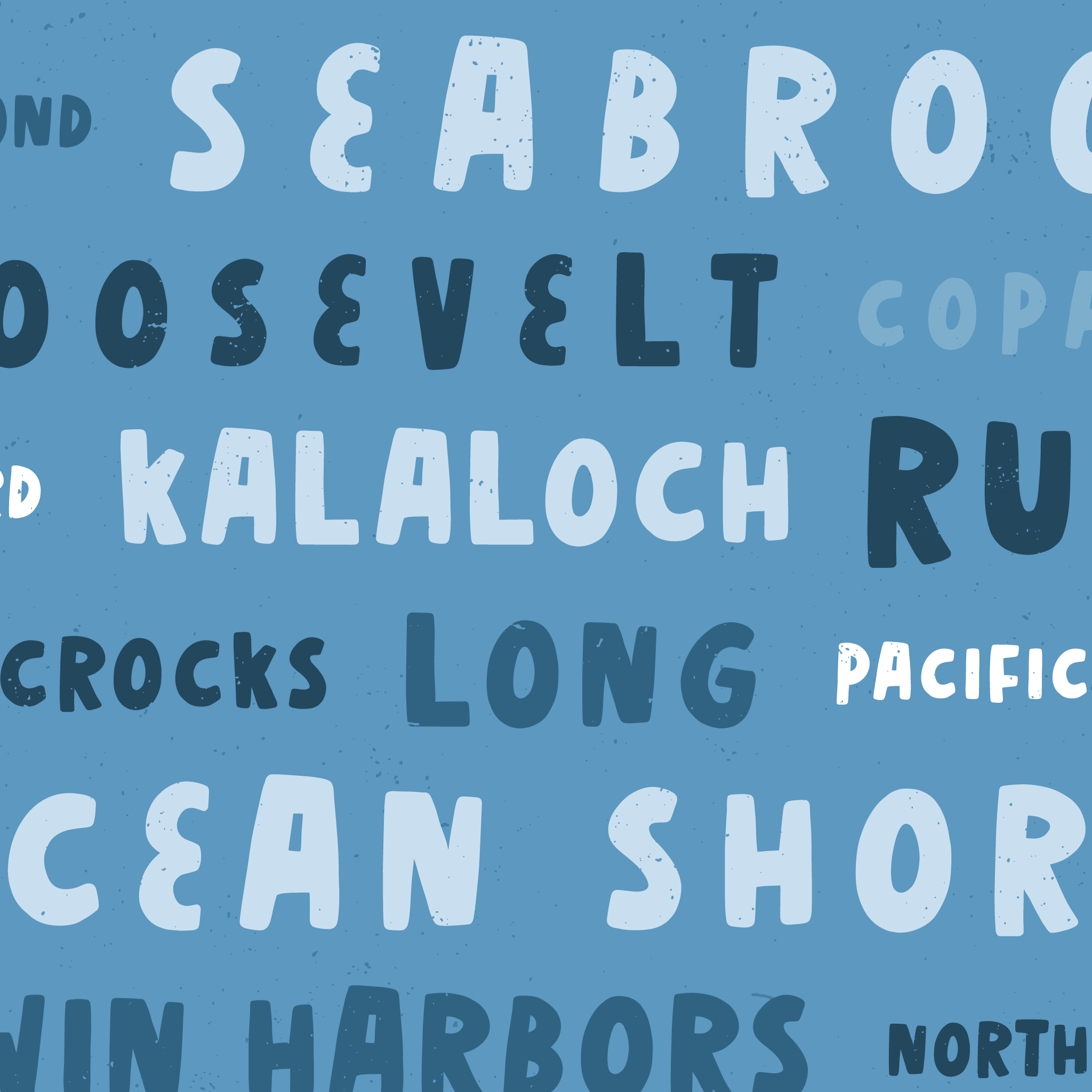 Close-up view of list of Washington beaches in fun font