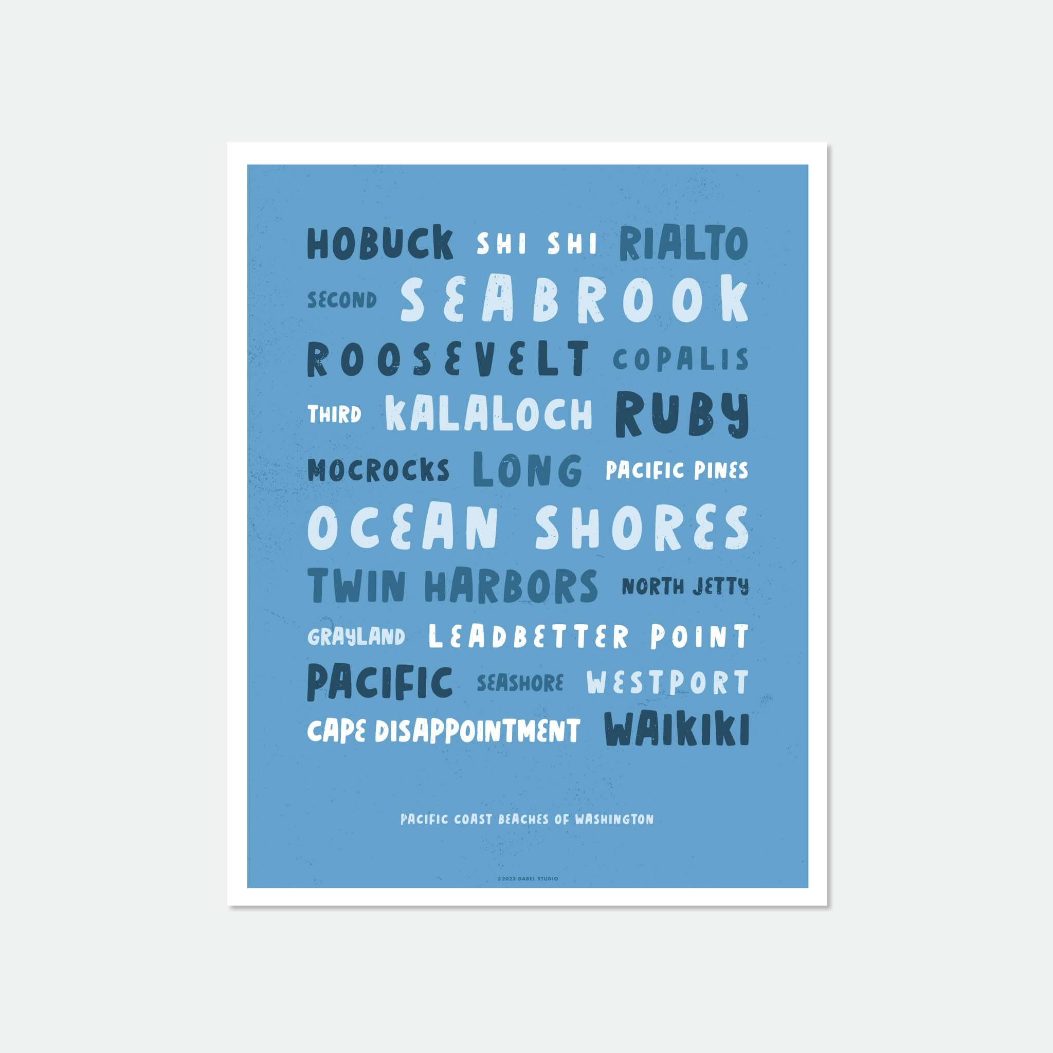 List of Washington beaches in fun font in blue on blue