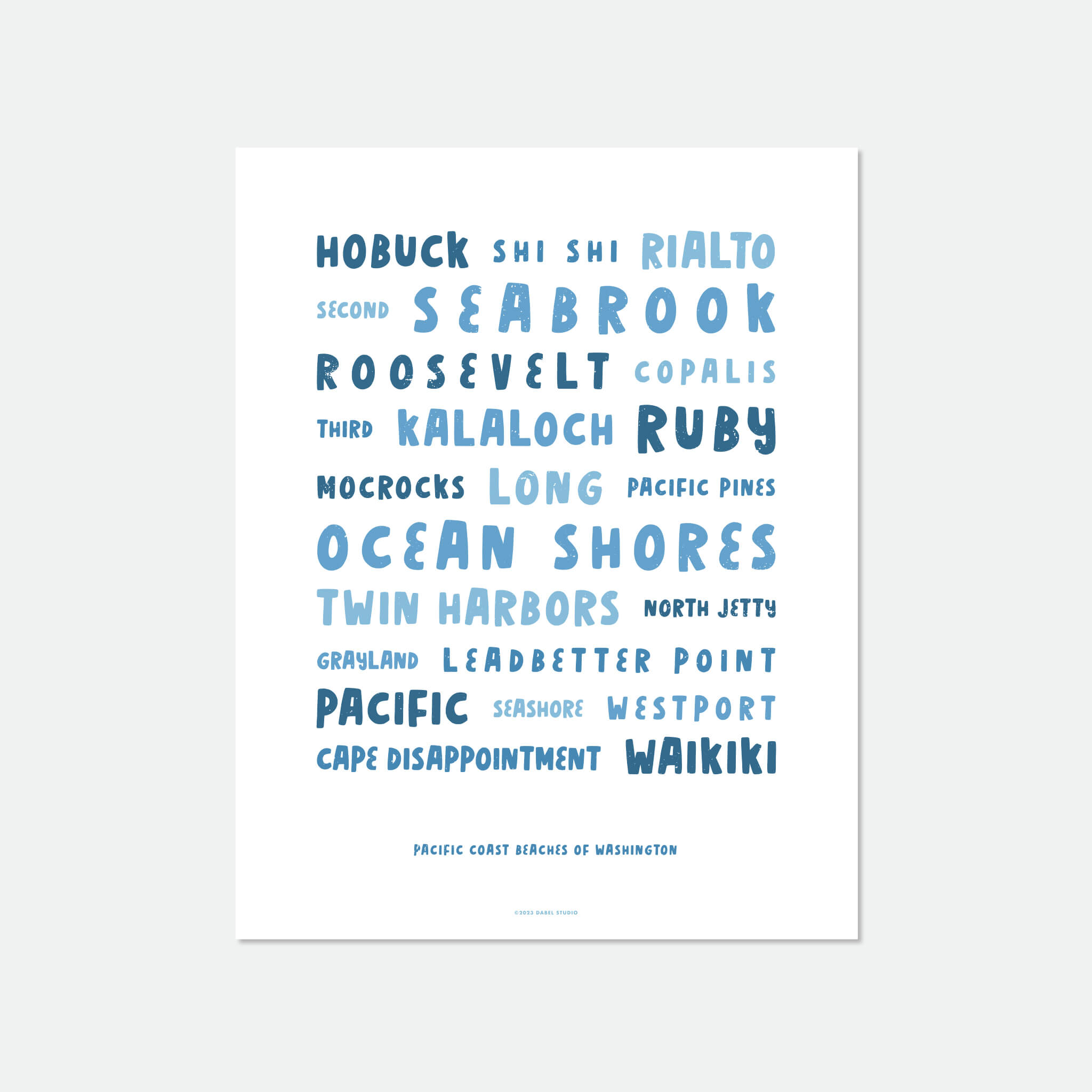 List of Washington beaches in fun font in blue on white