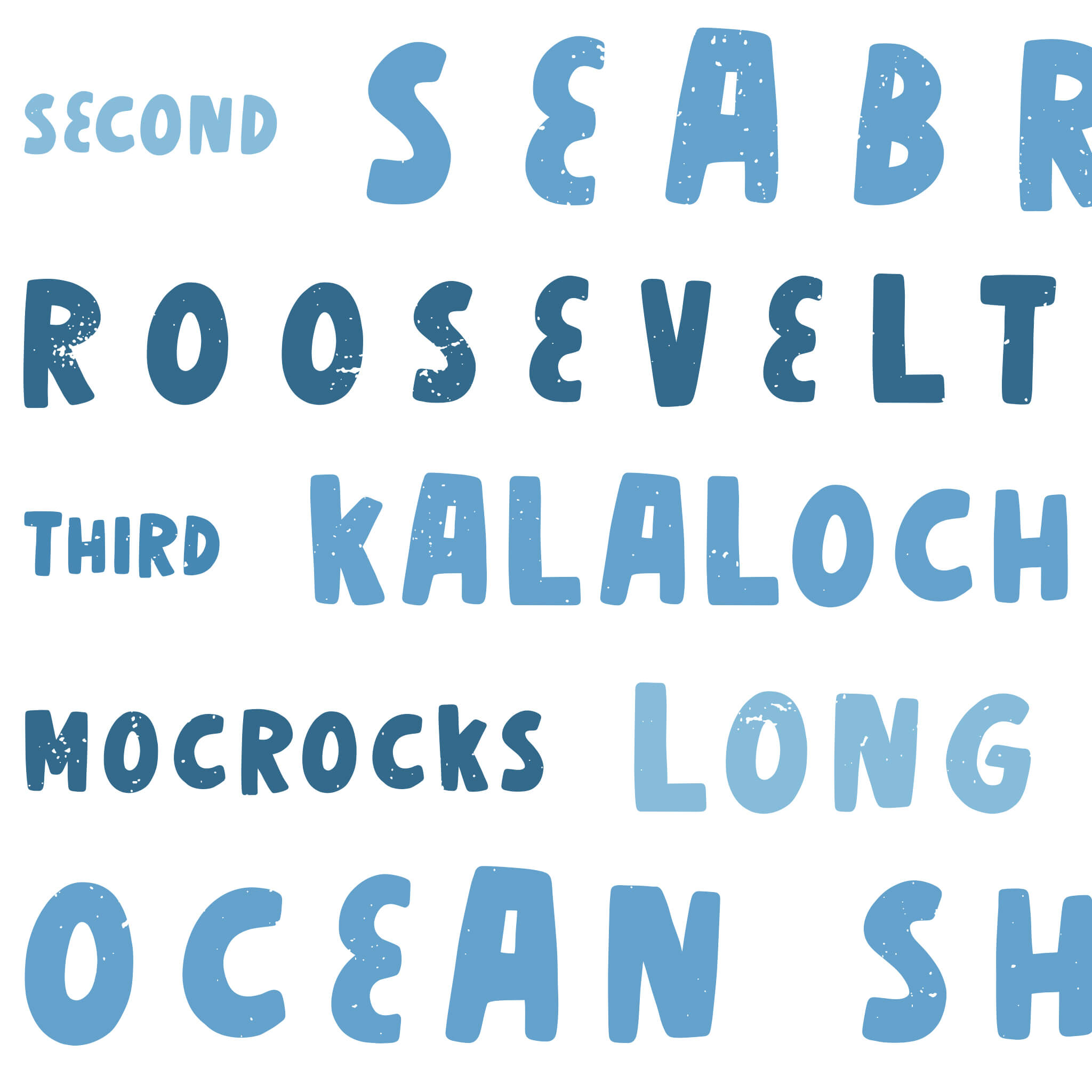 Close-up view of list of Washington beaches in fun font in blue on white