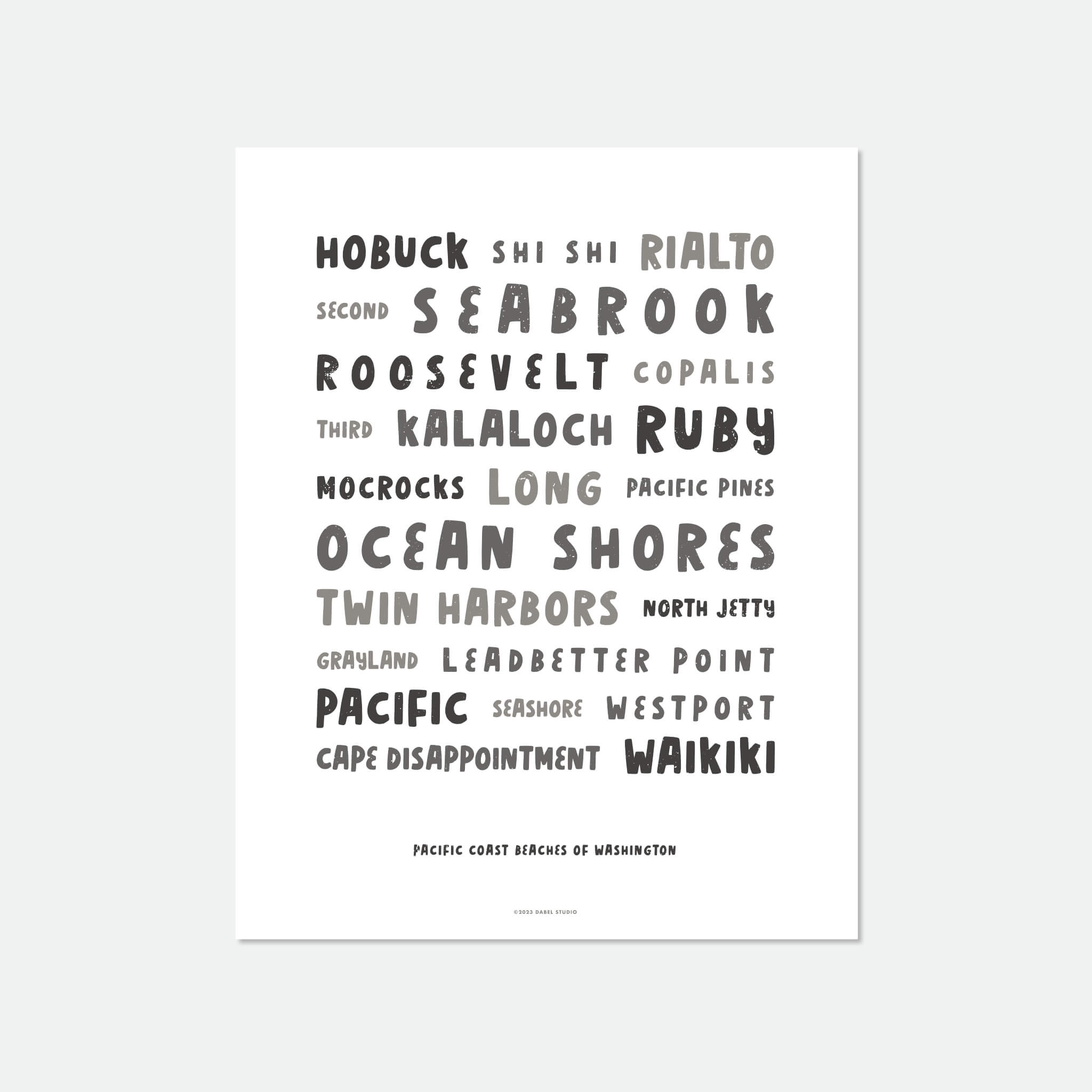 List of Washington beaches in fun font in black on white