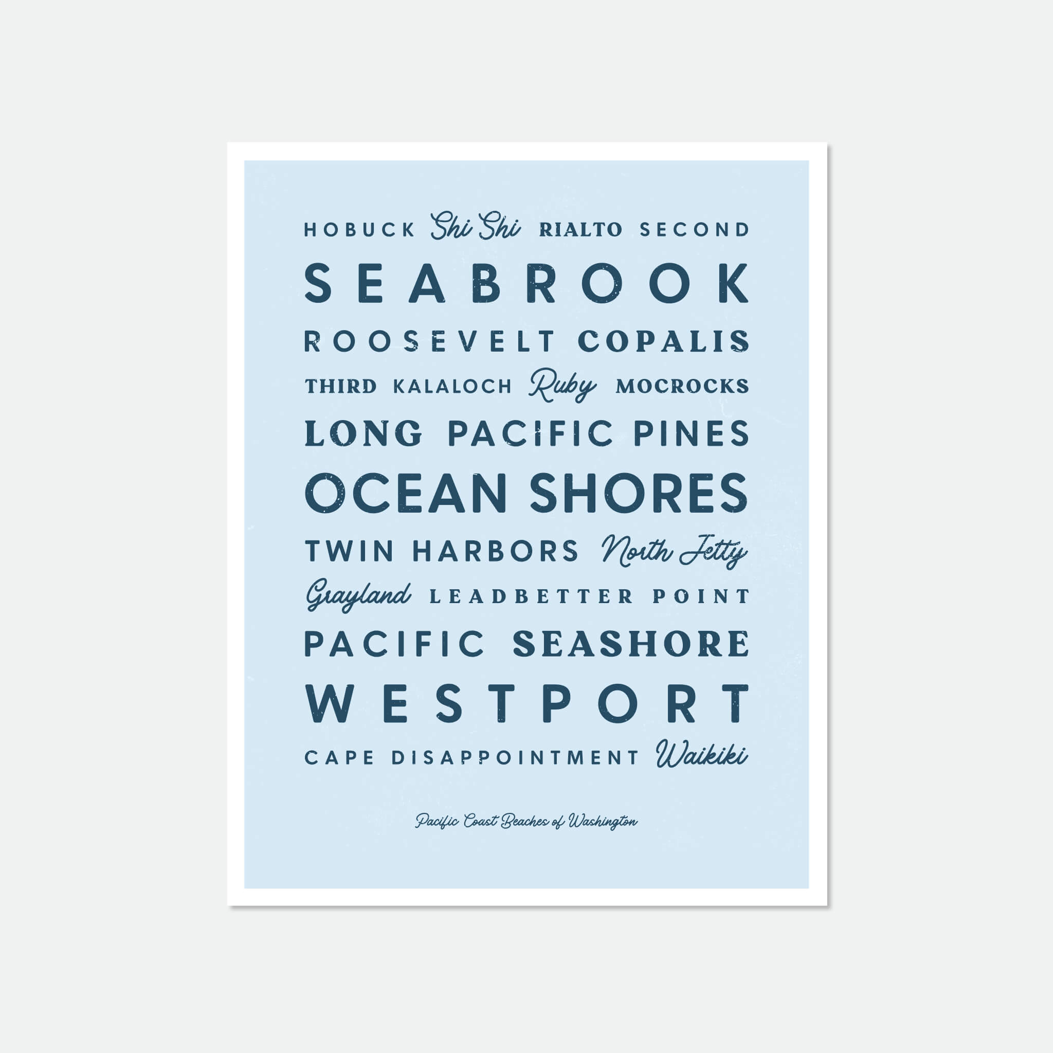 List of Washington beaches in retro fonts in blue on light blue