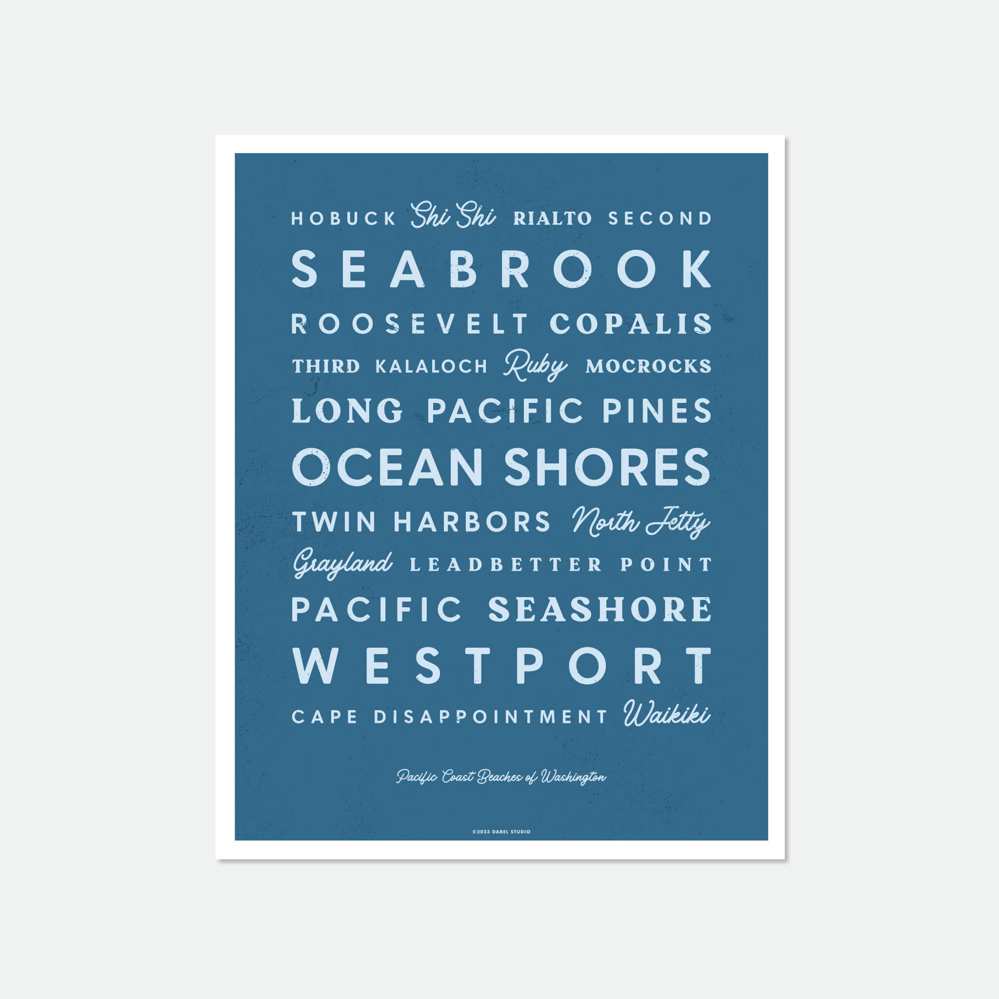 List of Washington beaches in retro fonts in blue on dark blue