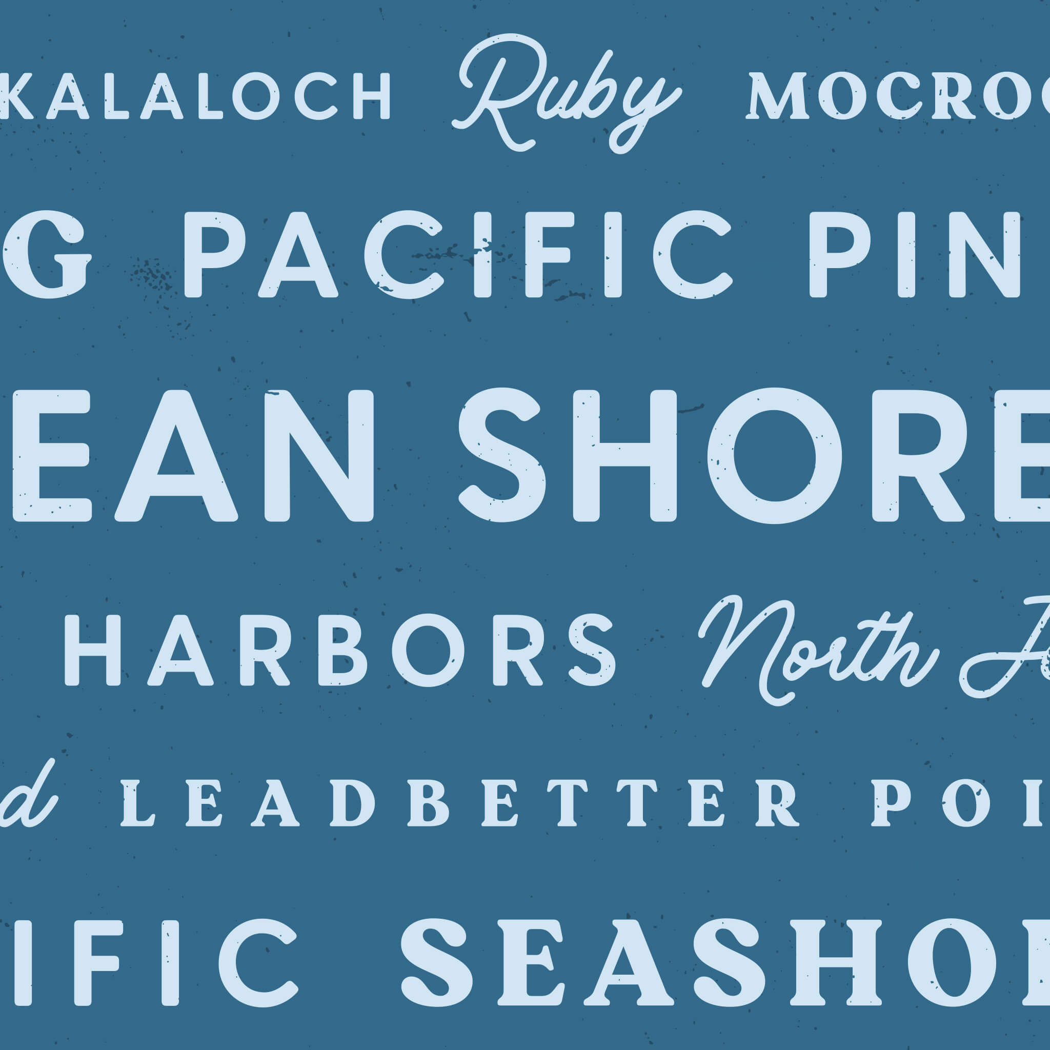 Close-up view of list of Washington beaches in retro fonts in blue on dark blue