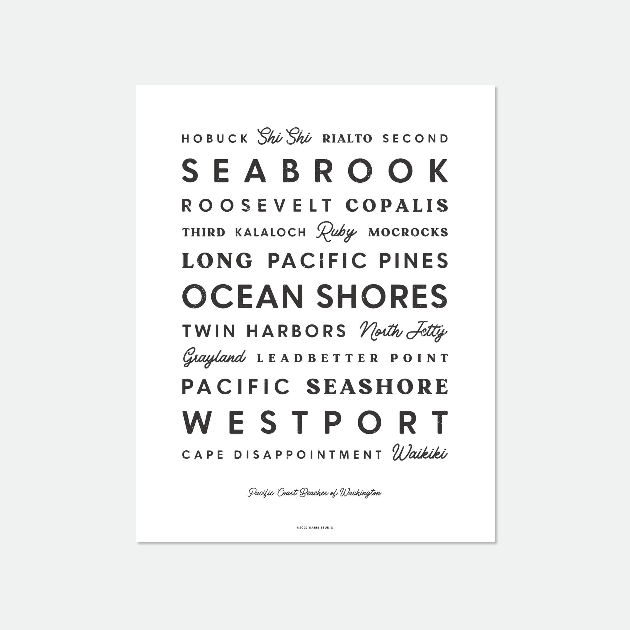 List of Washington beaches in retro fonts in black on white