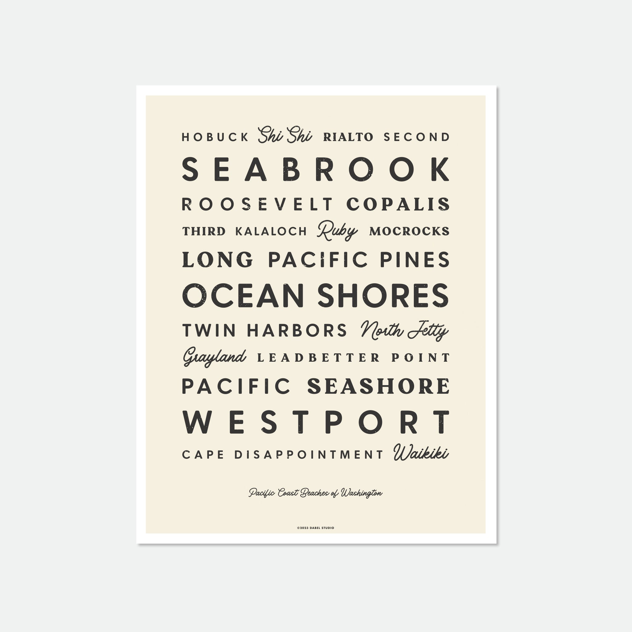 List of Washington beaches in retro fonts in black on cream