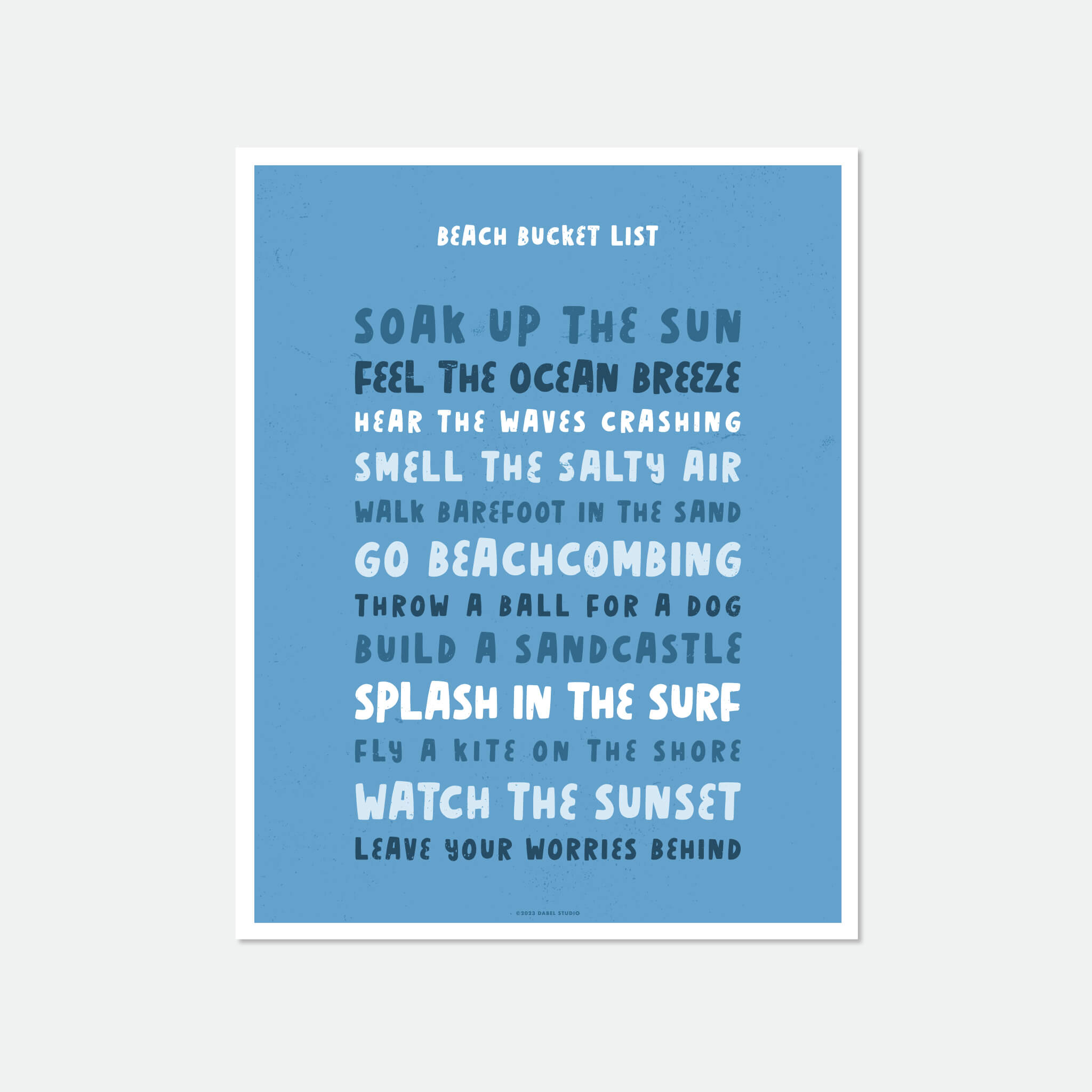 List of things to do at the beach in fun font in blue on blue