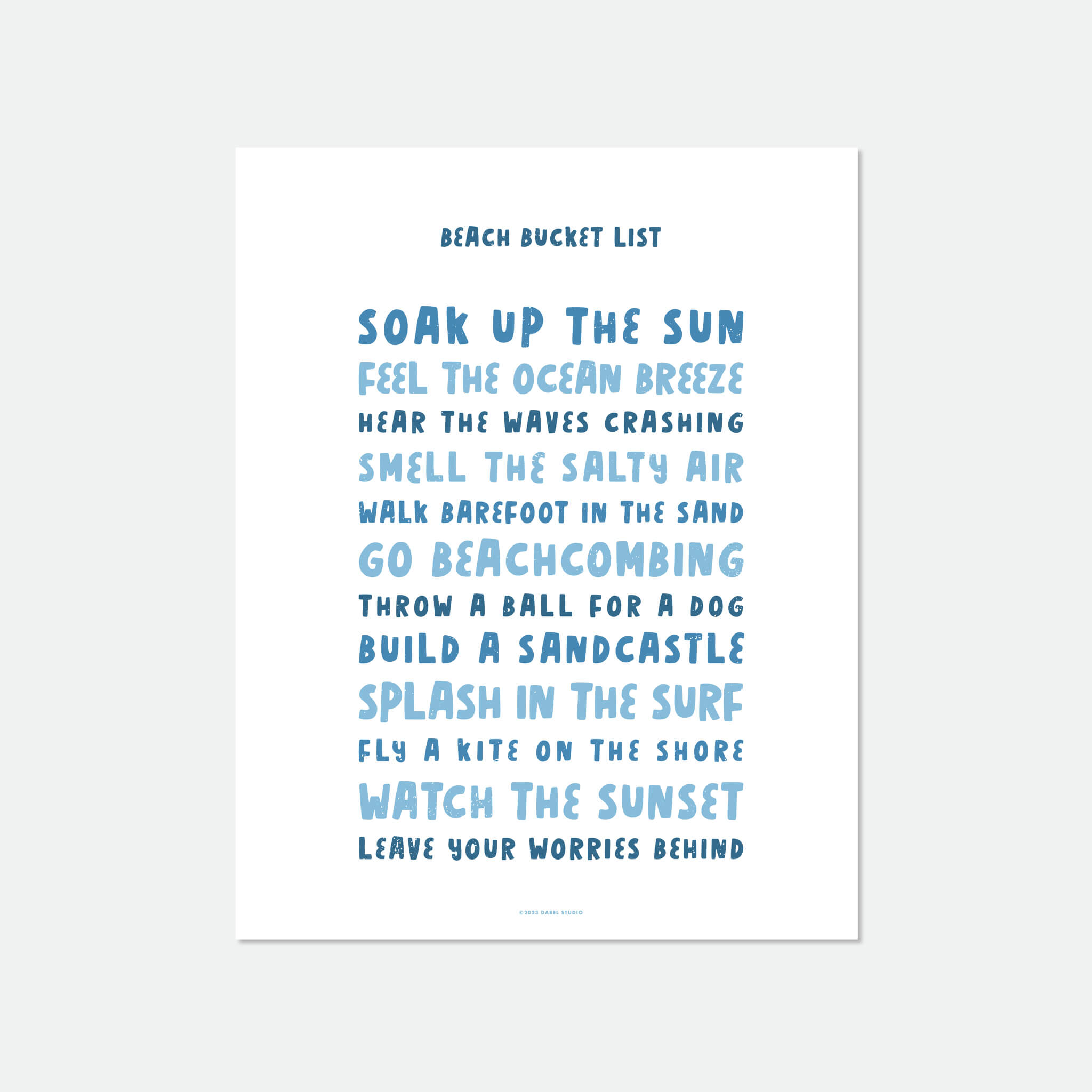 List of things to do at the beach in fun font in blue and white