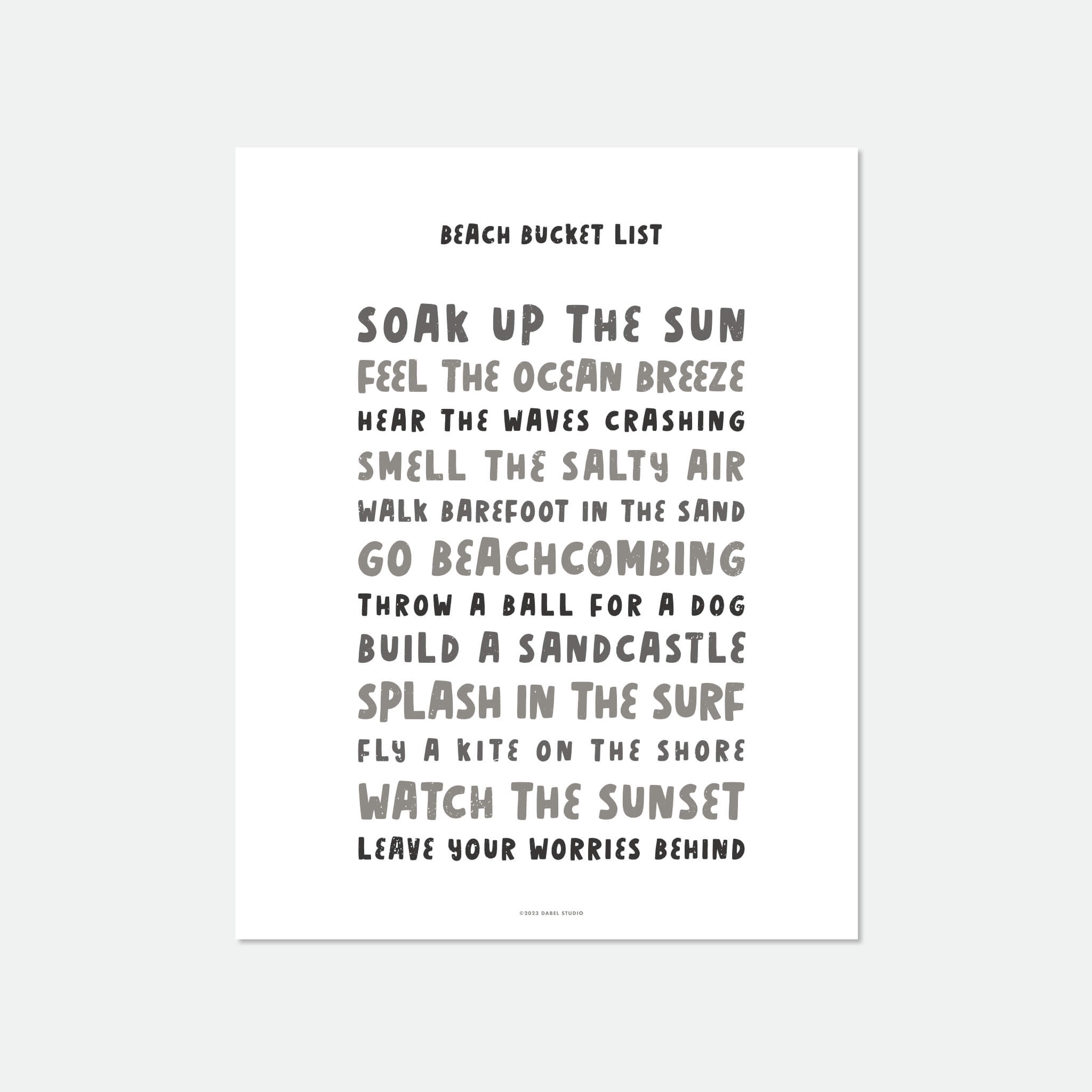 List of things to do at the beach in fun font in black and white