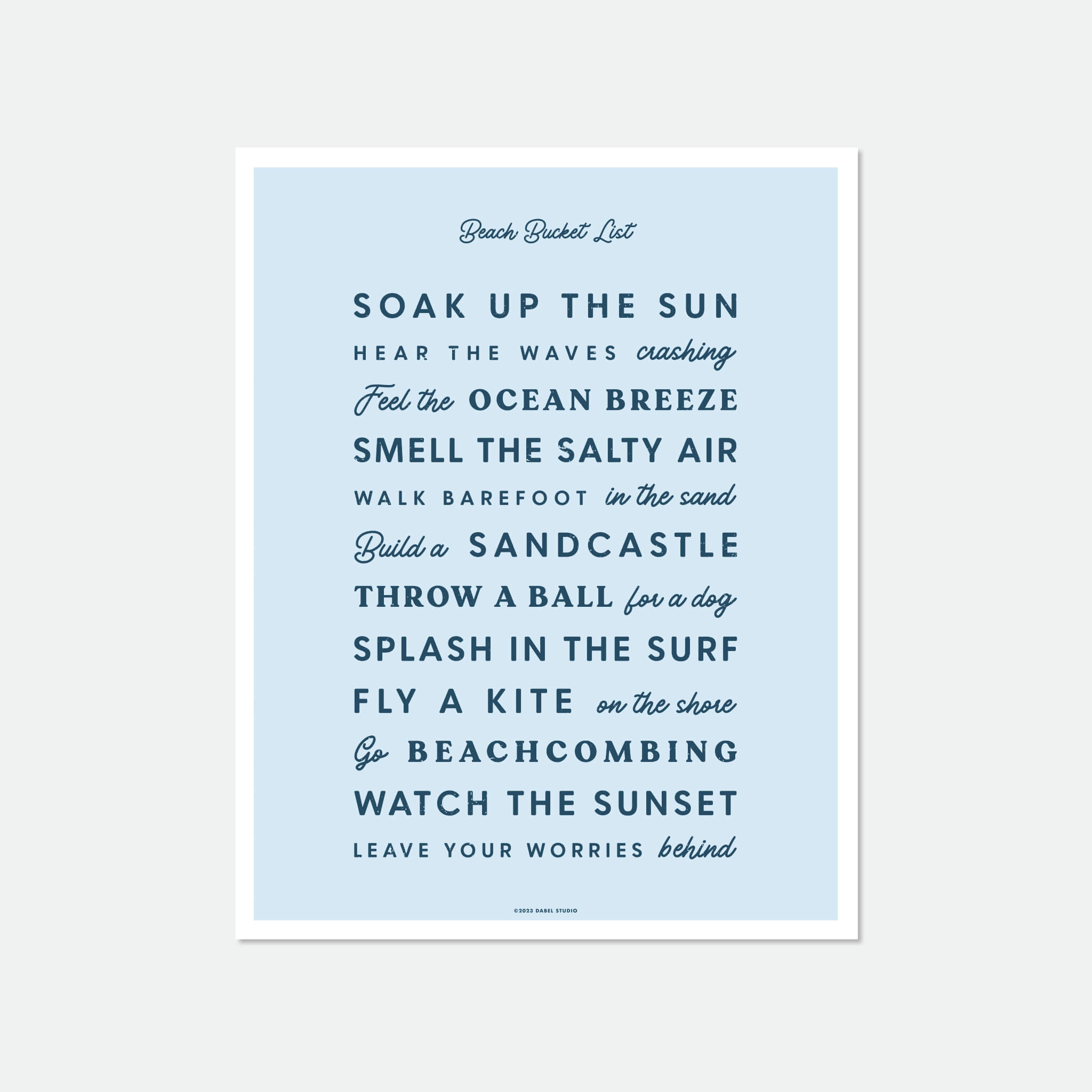 List of things to do at the beach in retro fonts in blue on light blue