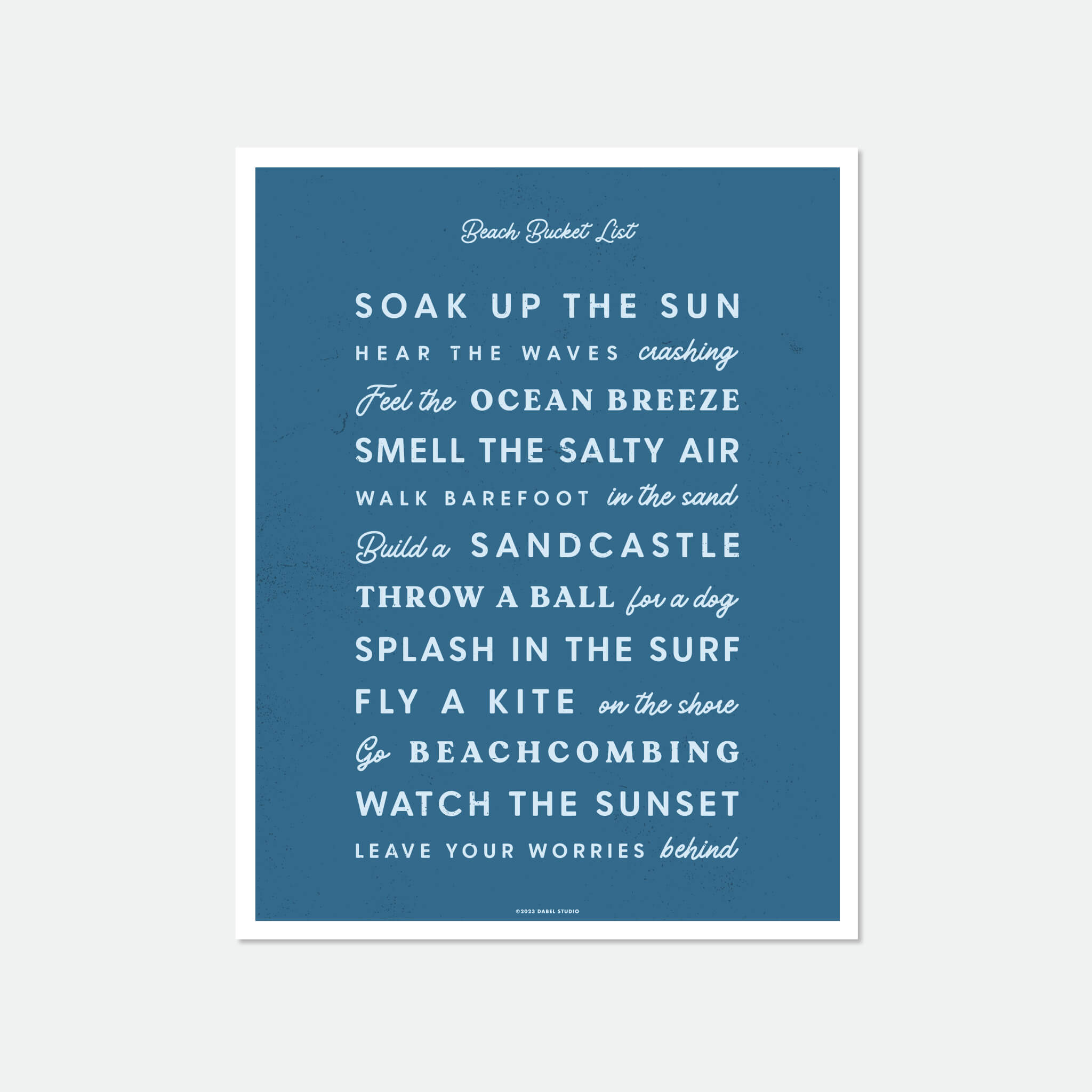 List of things to do at the beach in retro fonts in blue on dark blue