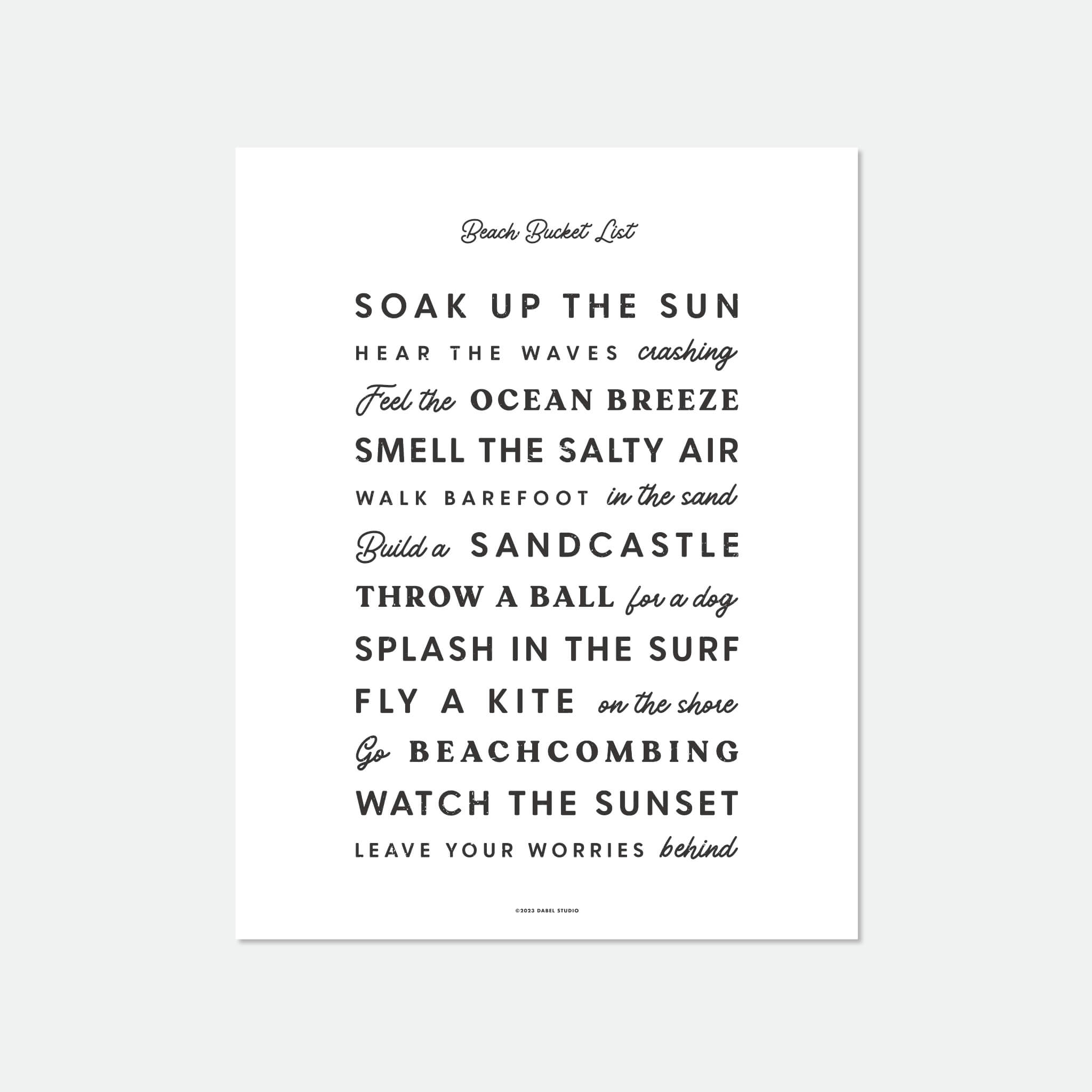 List of things to do at the beach in retro fonts in black on white