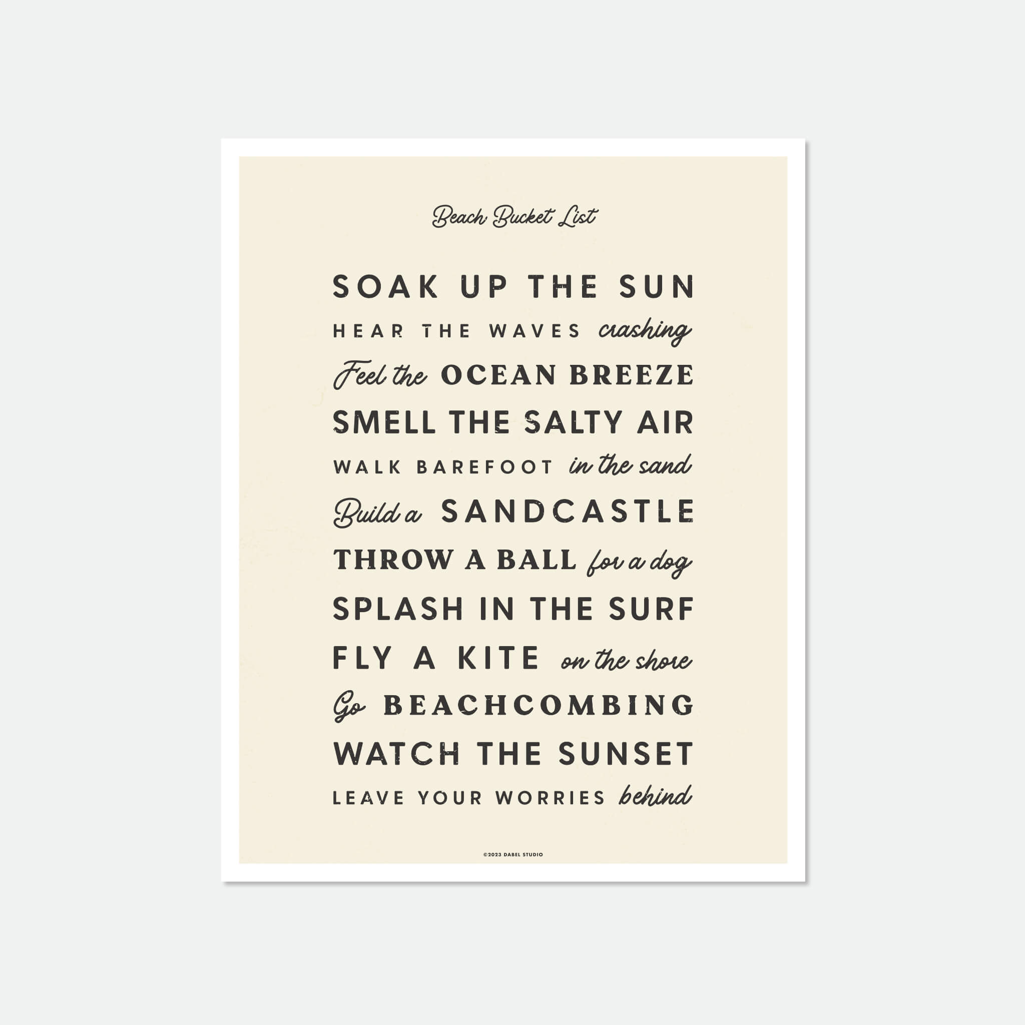 List of things to do at the beach in retro fonts in black on cream