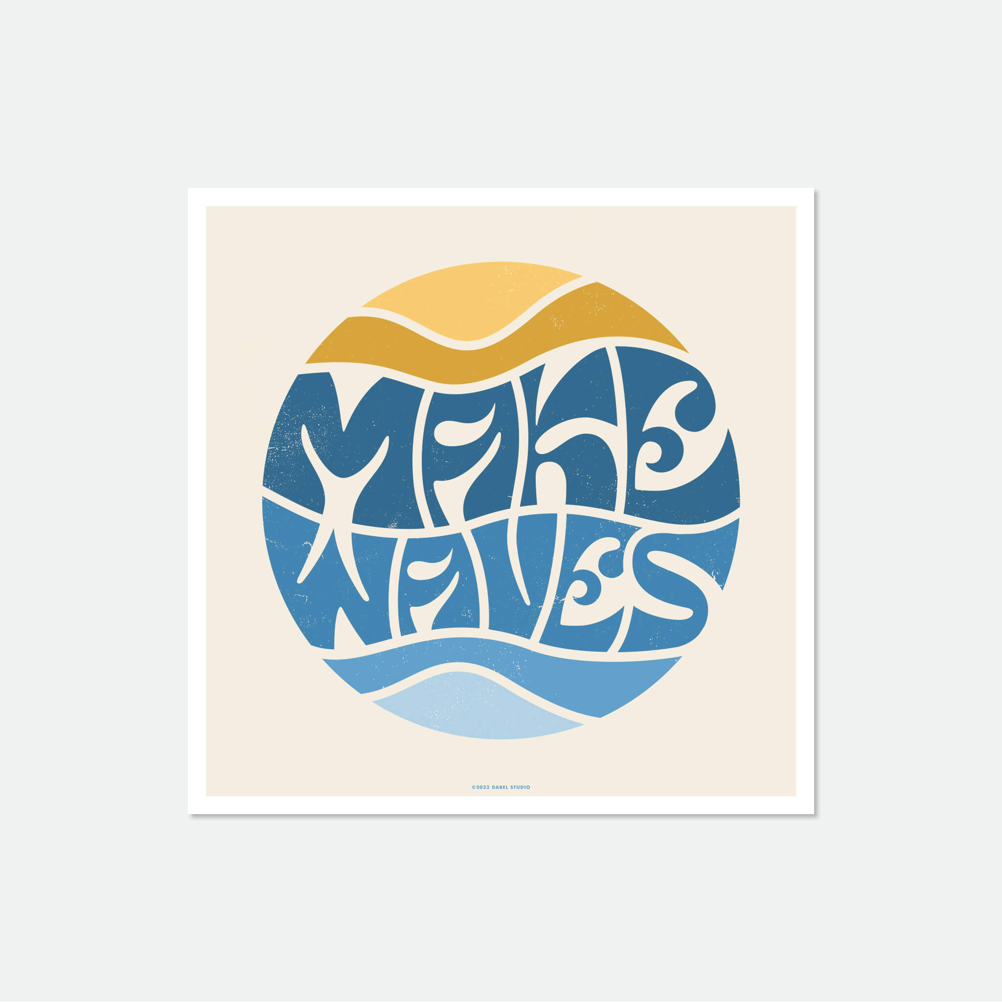 Circular 'make waves' art print in yellow and blue