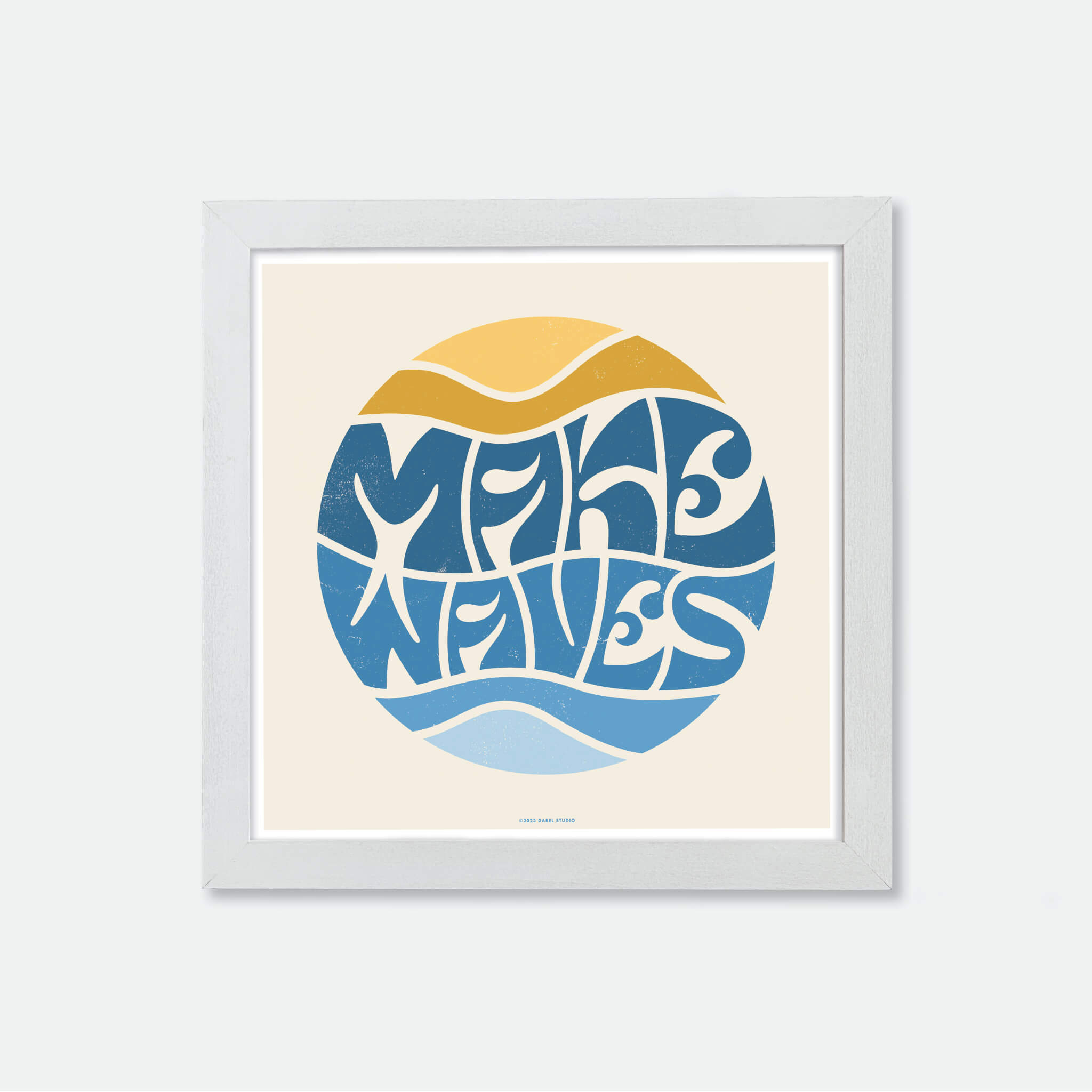 Circular 'make waves' art print in yellow and blue in white frame