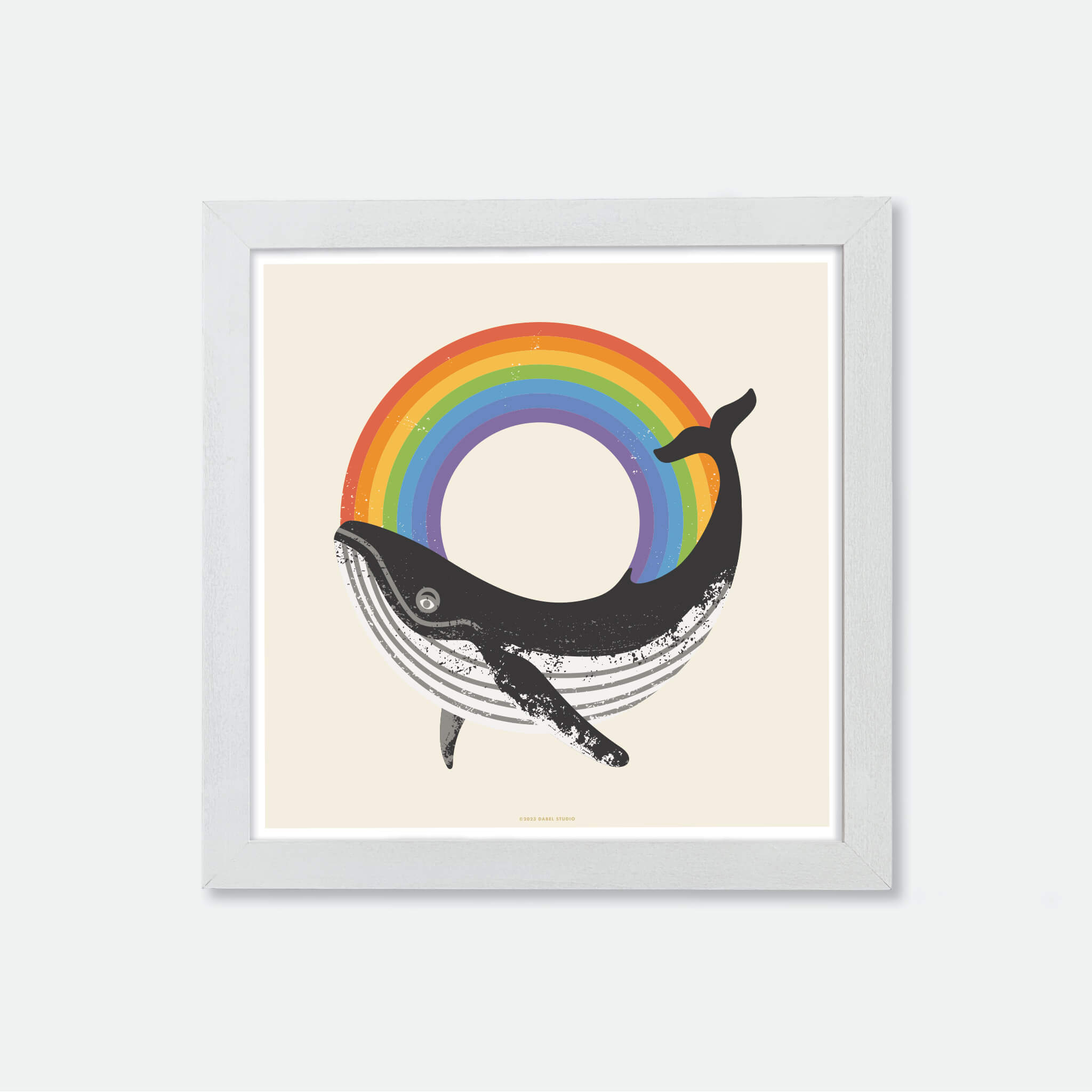 Illustration of whale and rainbow in white frame