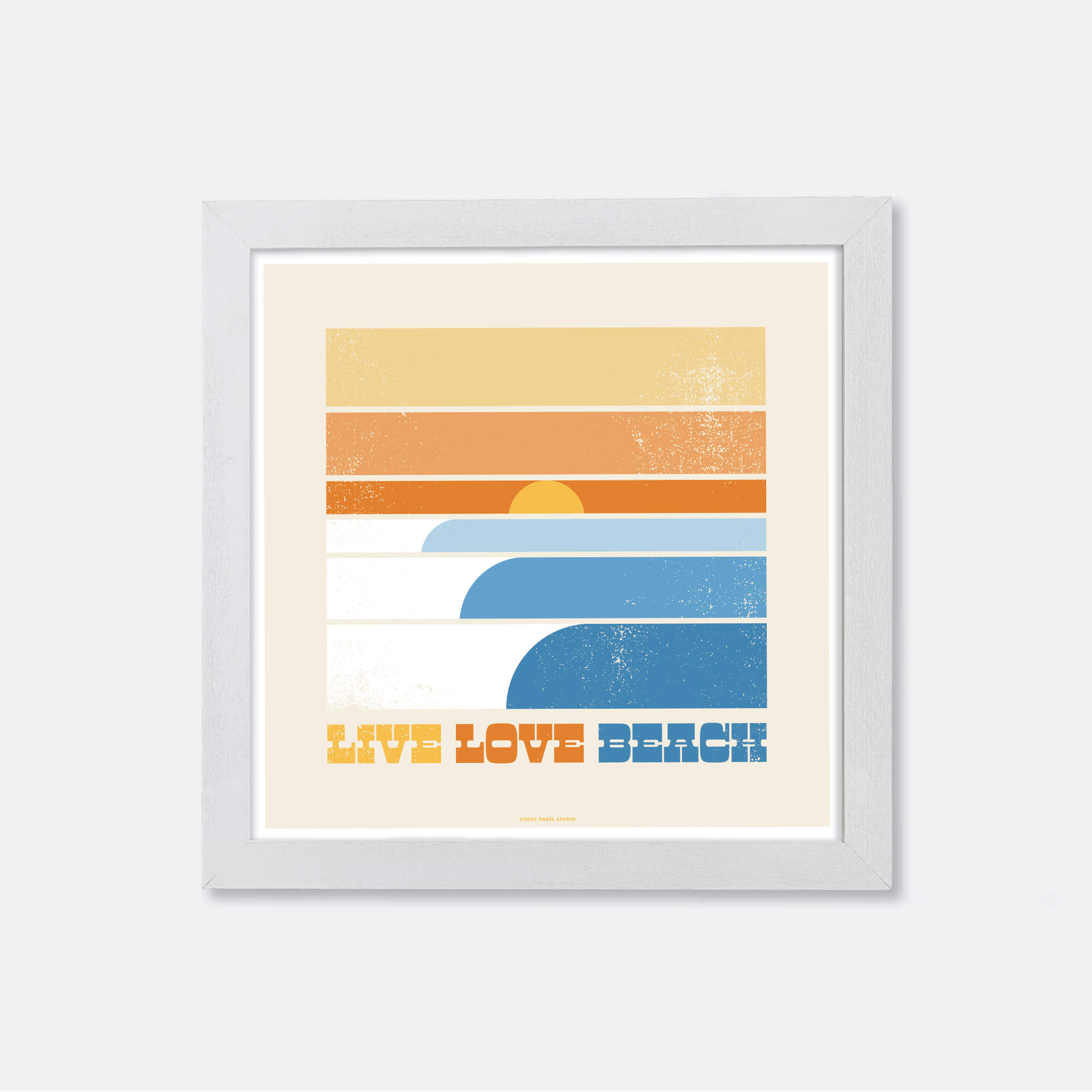 Illustration of sunset and waves in white frame