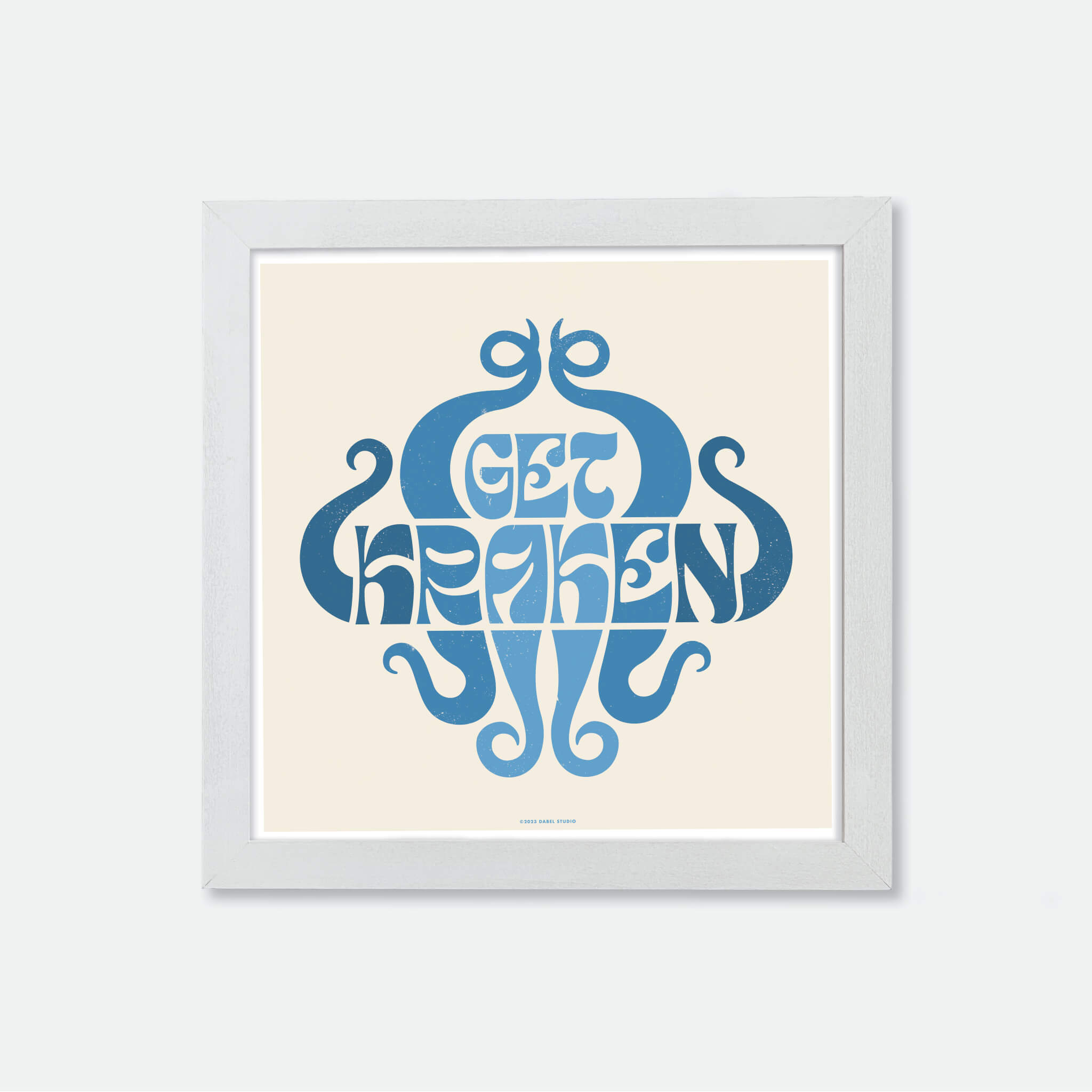 Art print of 'get kraken' design in blue in white frame