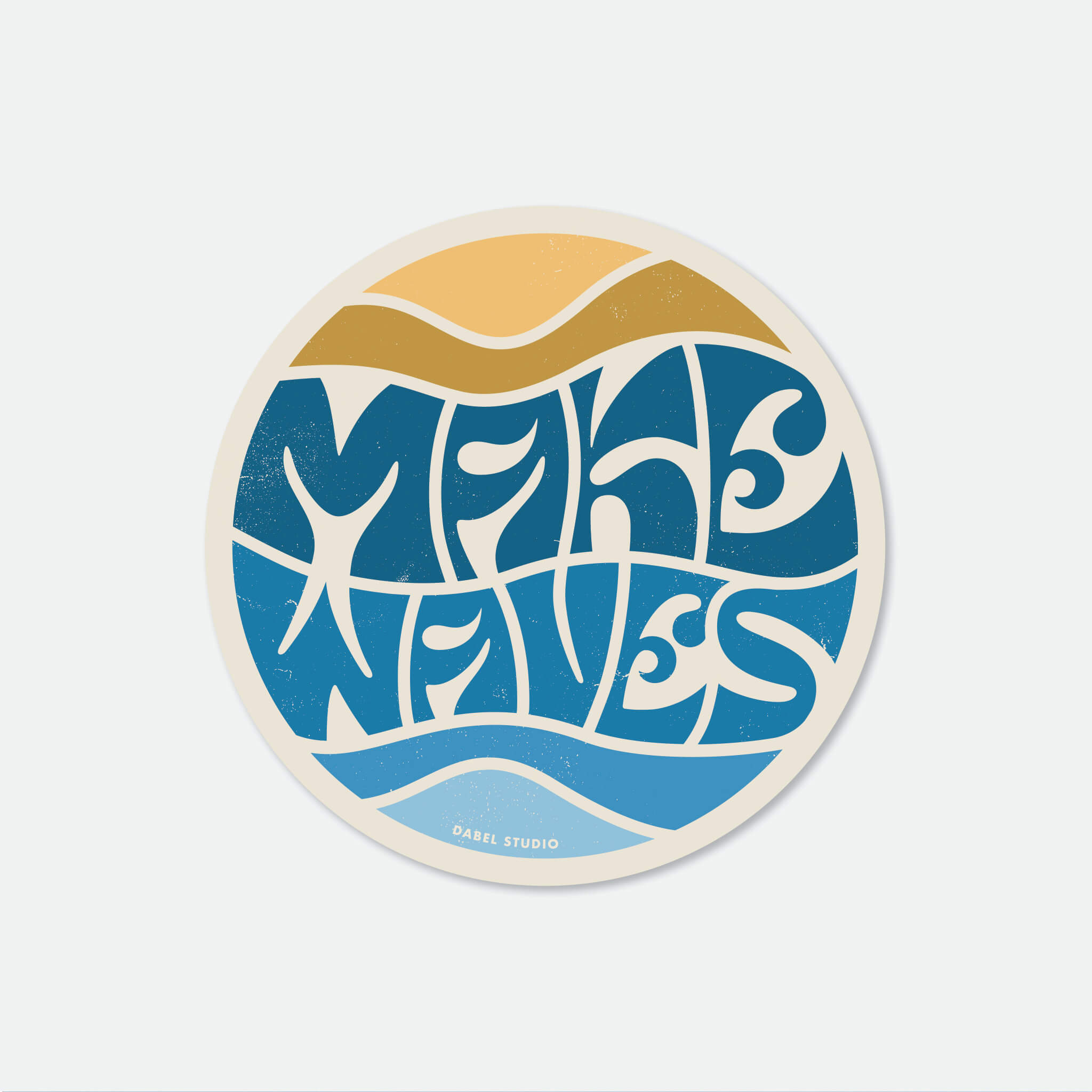 Circular 'make waves' sticker in yellow and blue 