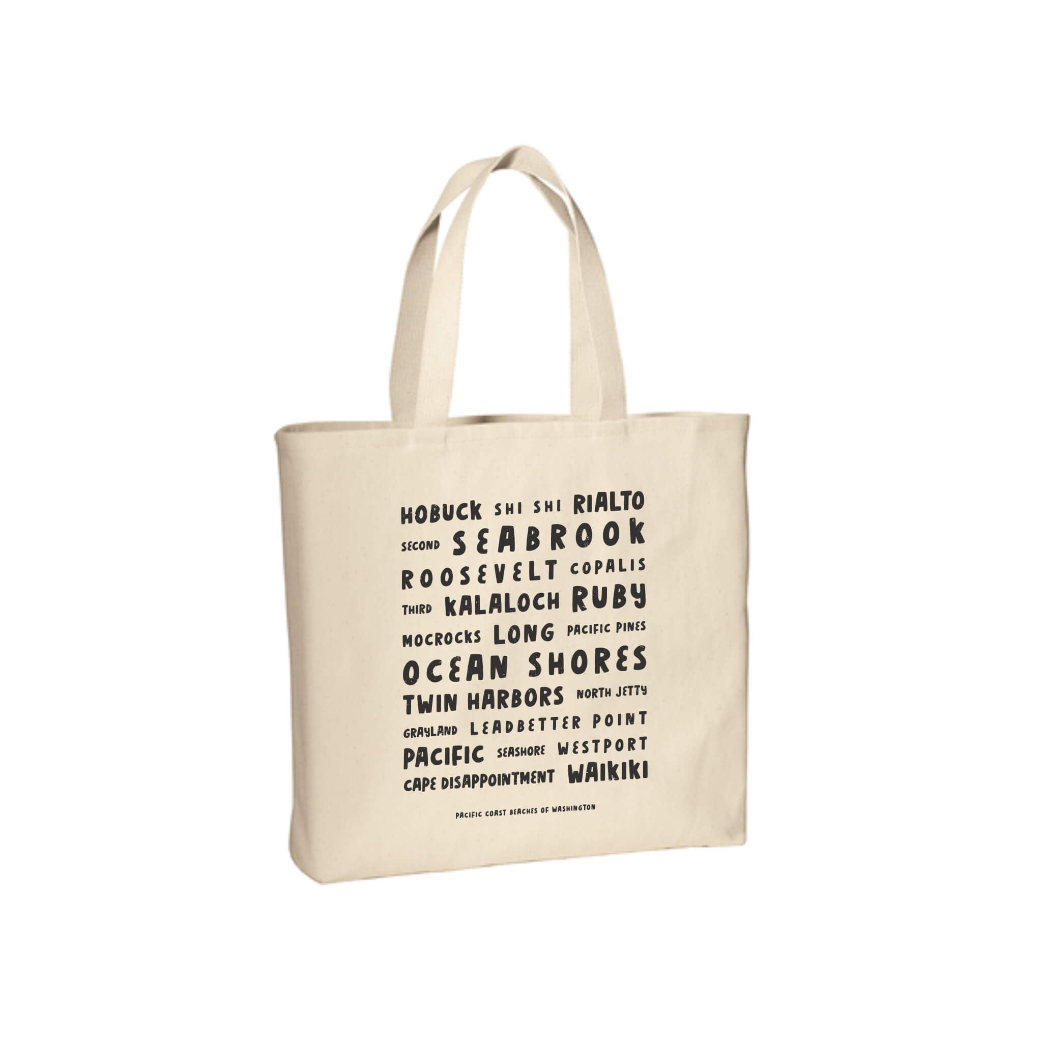 List of Washington beaches in fun font on twill tote bag