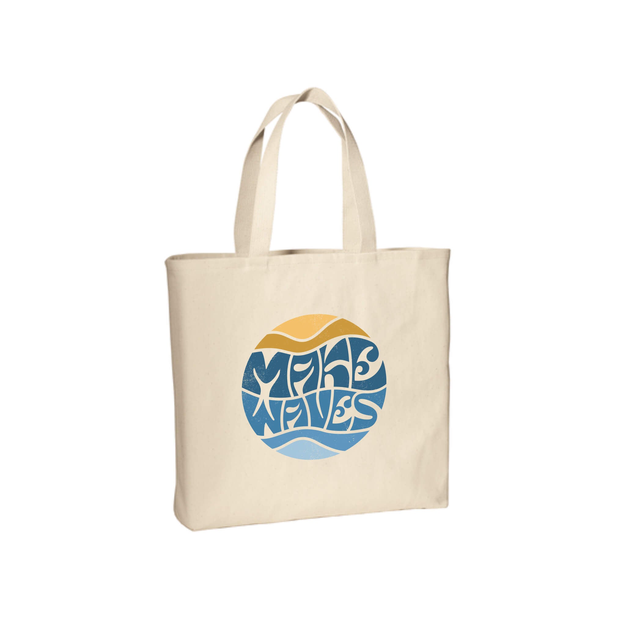 Circular 'make waves' design in yellow and blue on twill tote bag