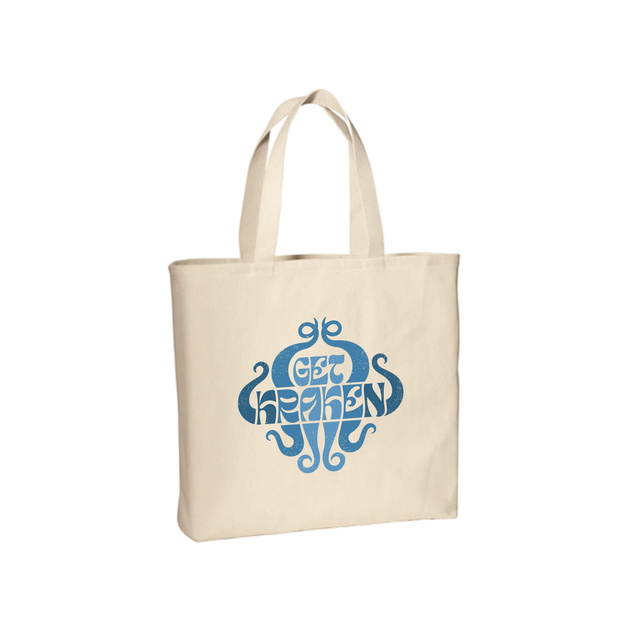 Twill tote bag with 'get kraken' design in blue