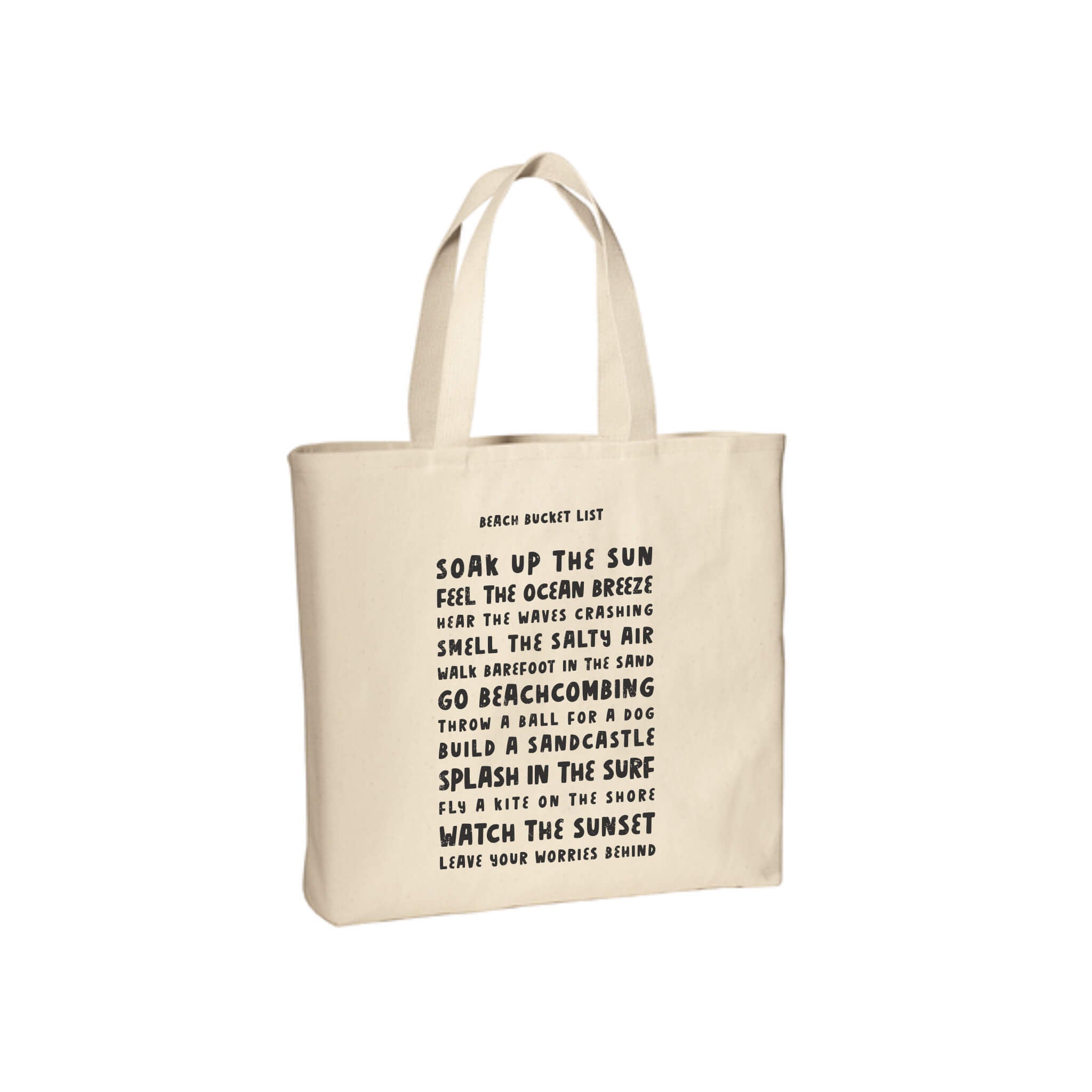 List of things to do at the beach in fun font on twill tote bag