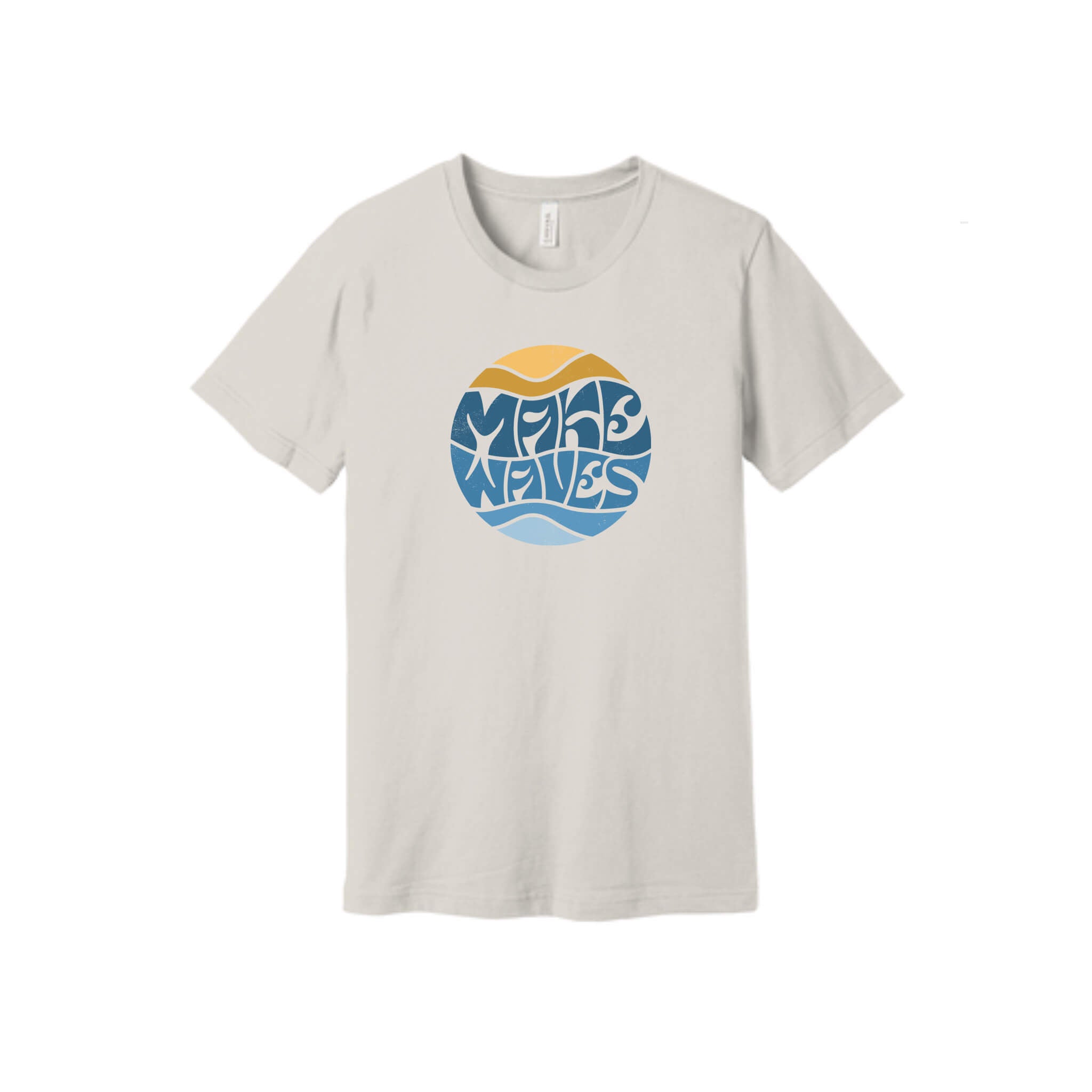 Vintage white t-shirt with circular 'make waves' design in yellow and blue