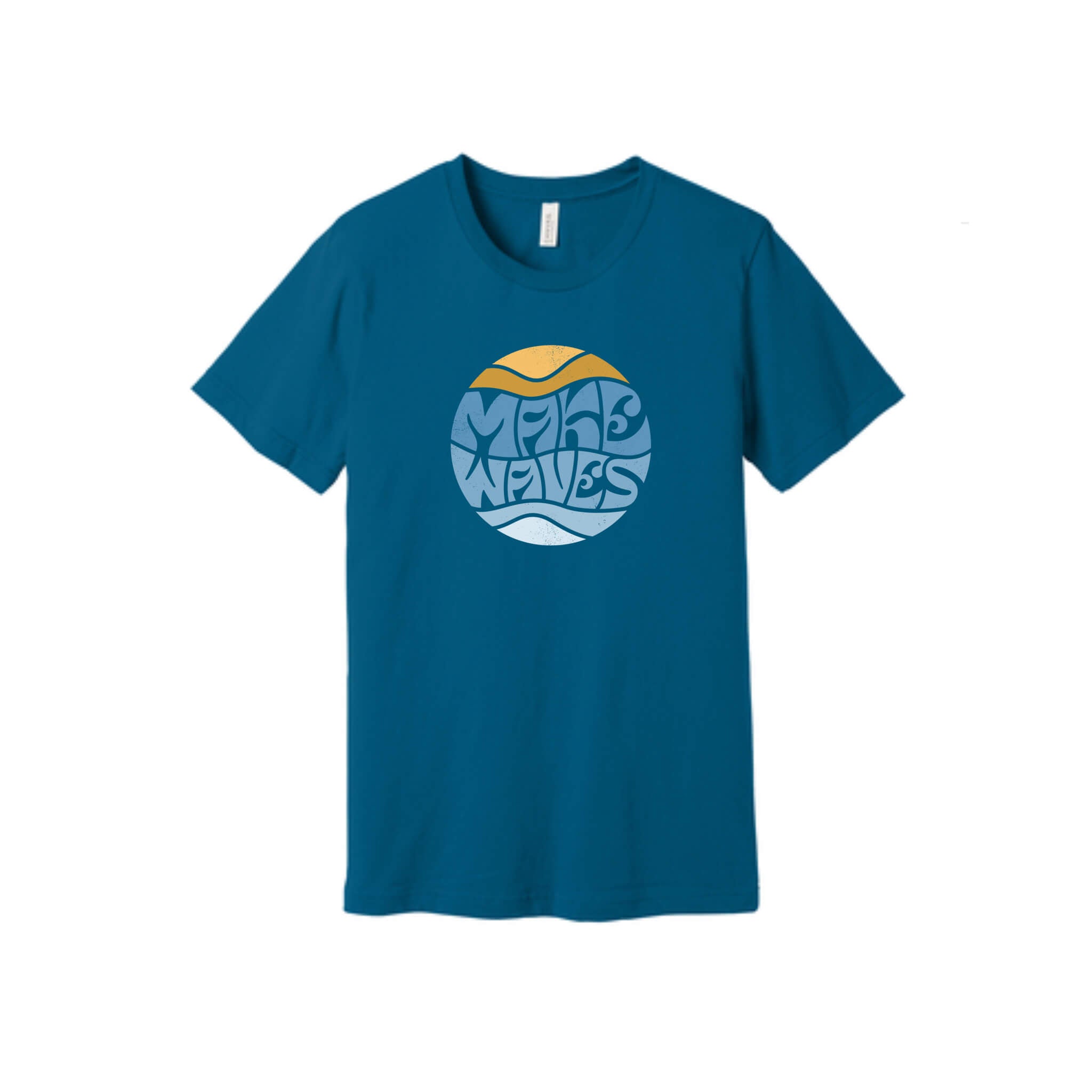 Dark teal t-shirt with circular 'make waves' design in yellow and blue