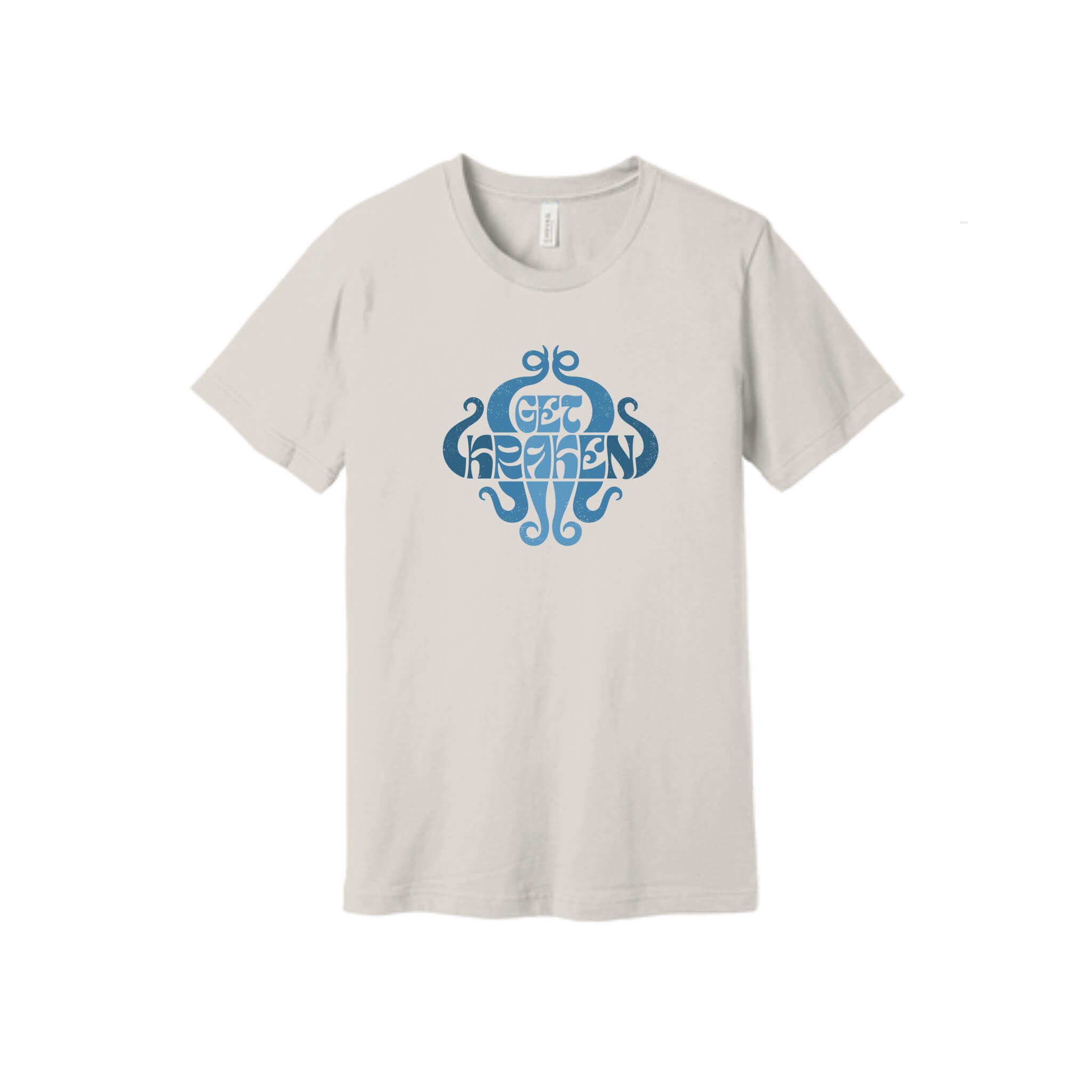 Vintage white t-shirt with 'get kraken' design in blue