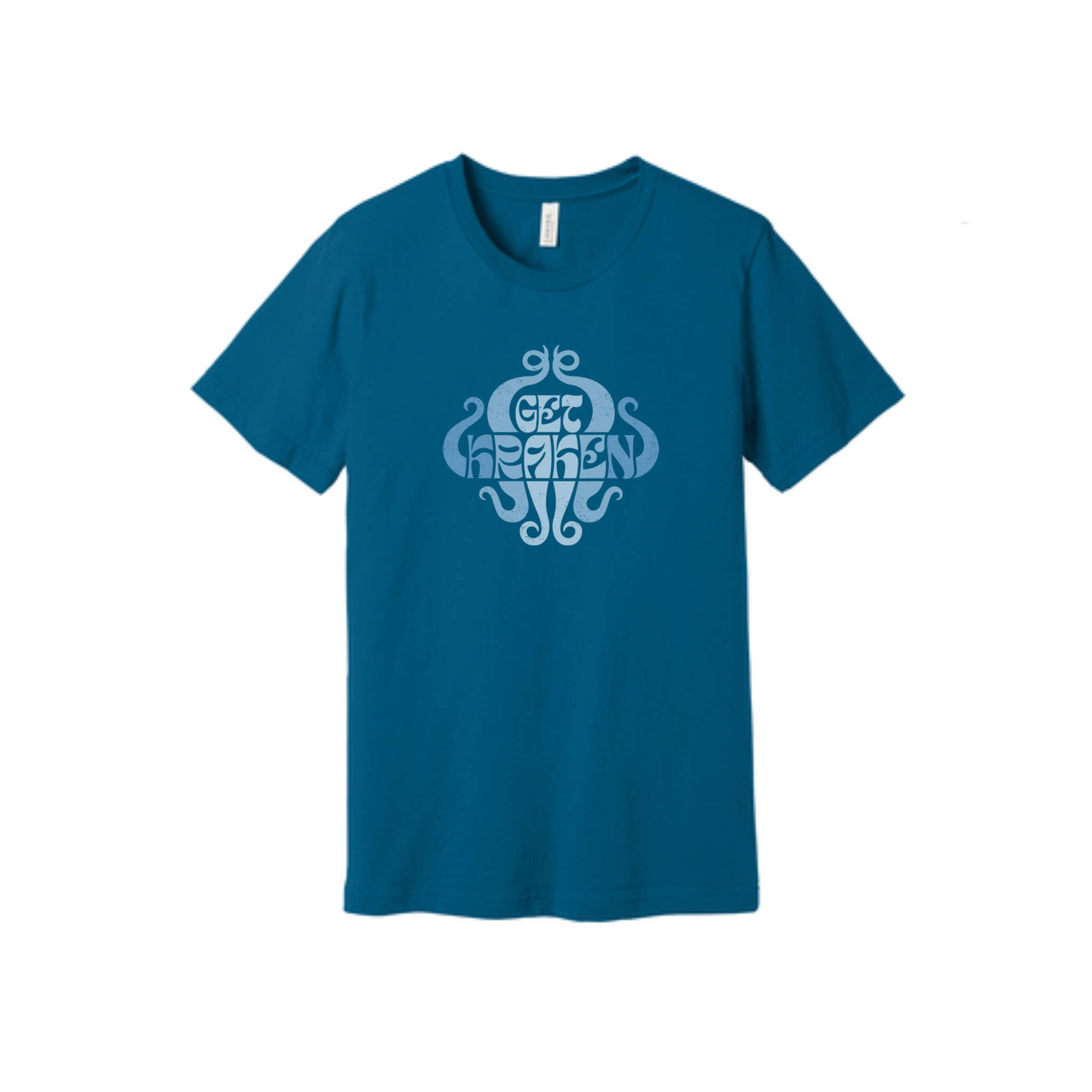 Dark teal t-shirt with 'get kraken' design in blue