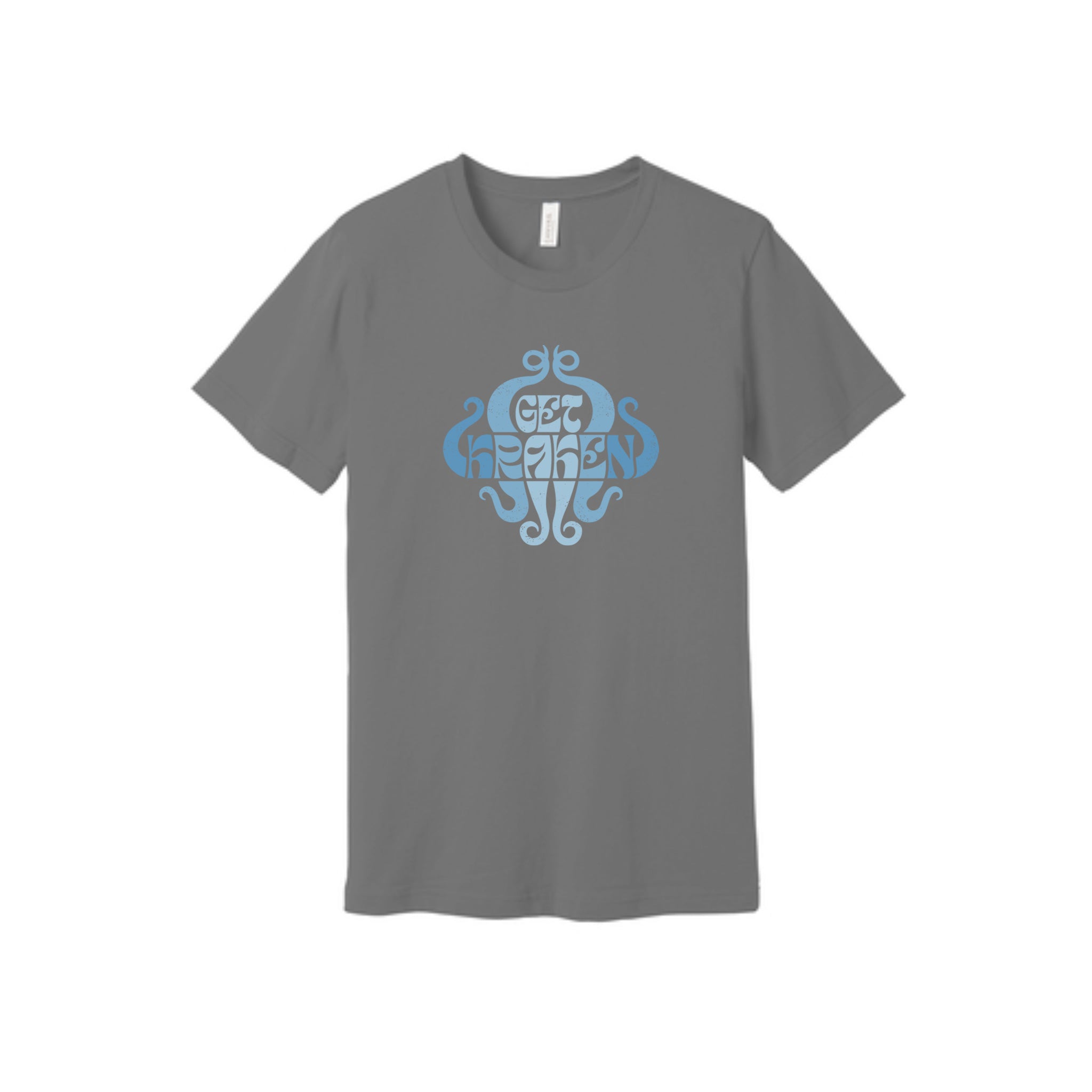 Gray t-shirt with 'get kraken' design in blue